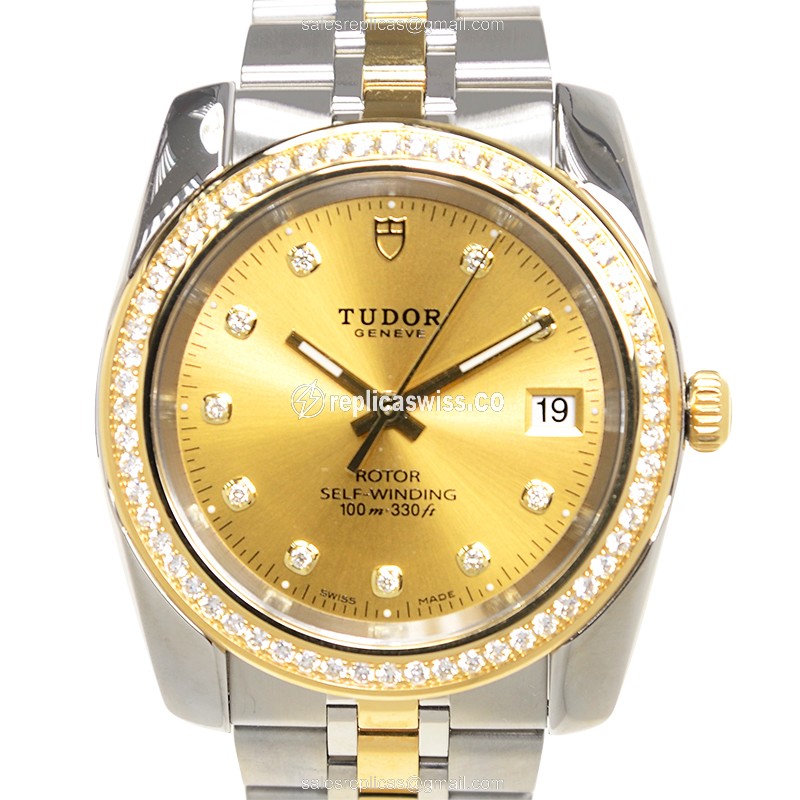 Tudor Classique Replica - Automatic - 18kt Gold & Diamond - Silver Dial - Steel Strap